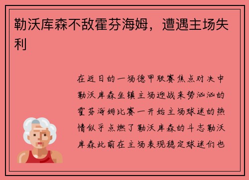 勒沃库森不敌霍芬海姆，遭遇主场失利