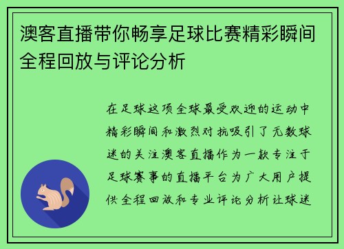 澳客直播带你畅享足球比赛精彩瞬间全程回放与评论分析